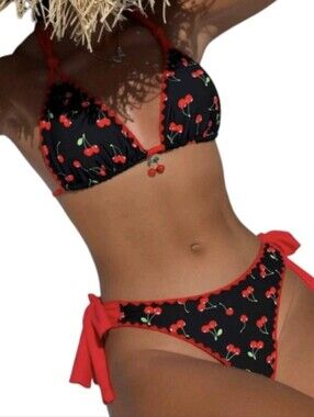 New Cherry Print Scallop Trim Tie Side Halter Bikini Set Size M